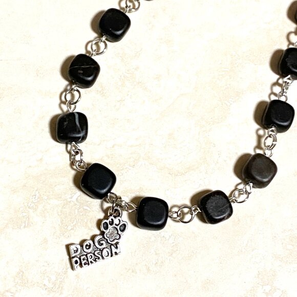 Genuine Black Agate Cube Necklace, Cute Dog Person Paw Print Pendant + Gemstone - Picture 5 of 9